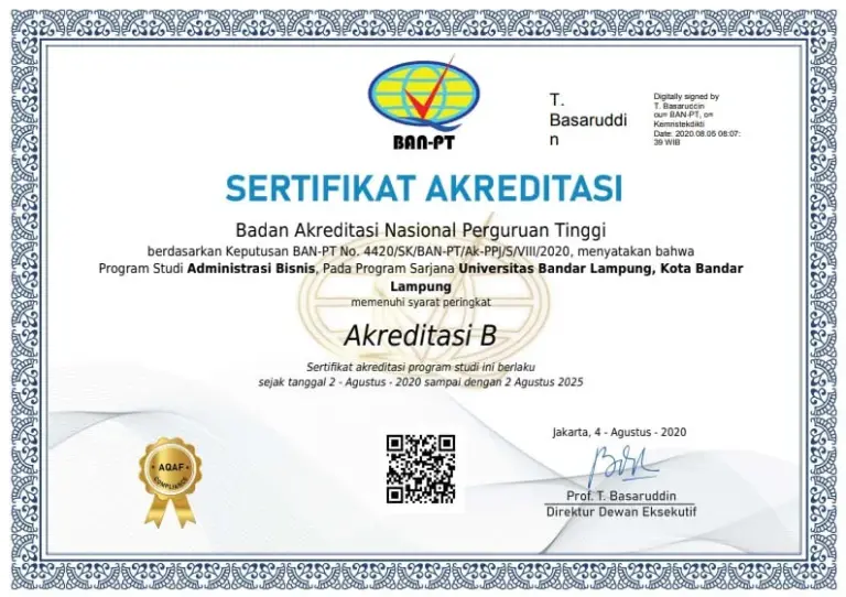 Sertifikat Akreditasi B Administrasi Bisnis UBL