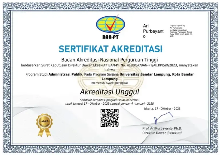 Sertifikat Akreditasi Unggul Administrasi Publik UBL