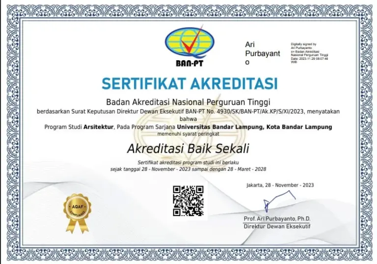 Sertifikat Akreditasi Baik Sekali Arsitektur UBL