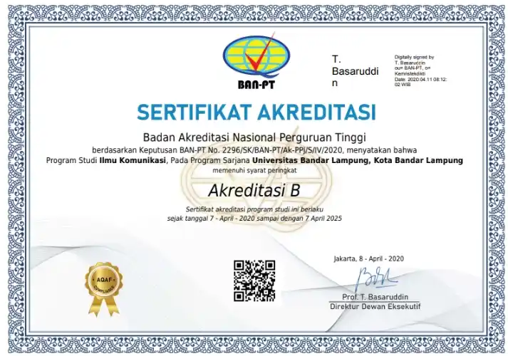Sertifikat Akreditasi B Ilmu Komunikasi UBL