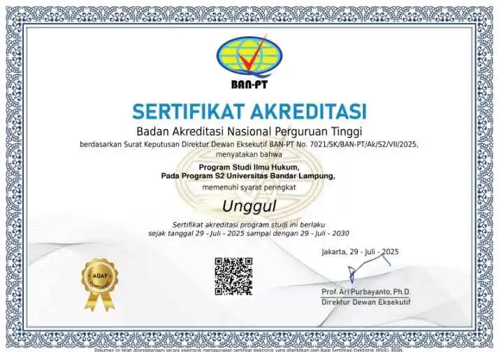 Sertifikat Akreditasi Unggul Magister Ilmu Hukum UBL