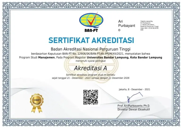 Sertifikat Akreditasi A Magister Manajemen UBL