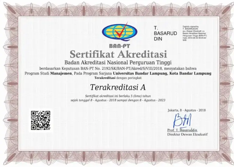 Sertifikat Akreditasi A Manajemen UBL