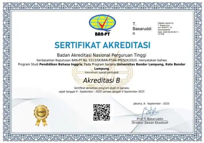 Sertifikat Akreditasi B Pendidikan Bahasa Inggris UBL