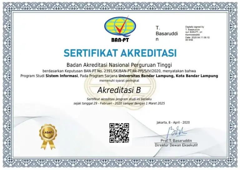 Sertifikat Akreditasi Baik Sekali Sistem Informasi UBL 2020
