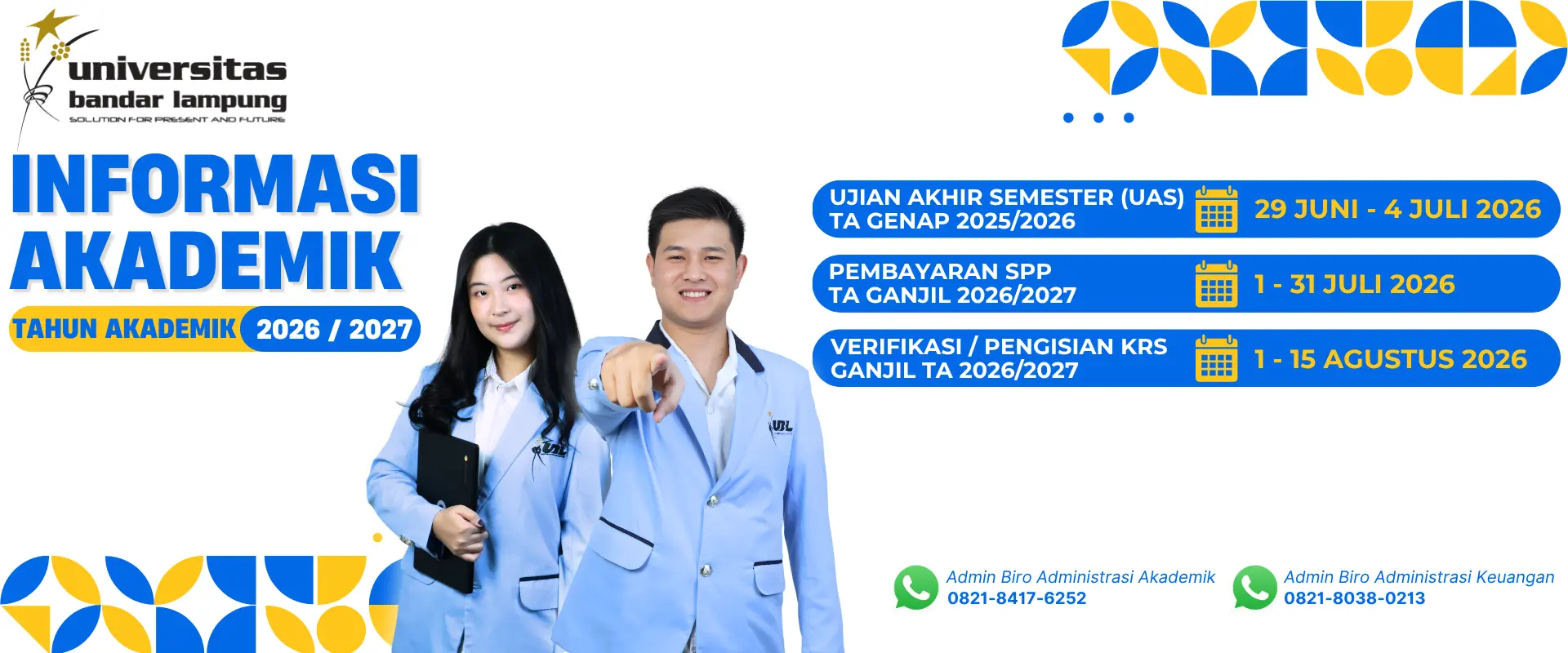 Infografis informasi akademik semester ganjil 2026/2027 terkait jadwal UAS, pembayaran SPP, dan pengisian KRS.