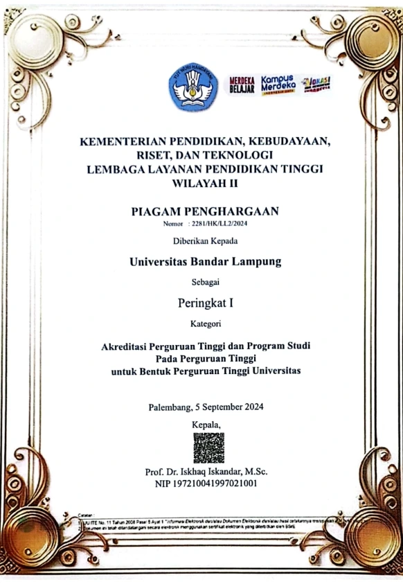 Piagam Penghargaan Peringkat I Kategori Akreditasi Perguruan Tinggi dan Program Studi Pada Perguruan Tinggi untuk Bentuk Perguruan Tinggi Universitas dari LLDIKTI Wilayah II kepada Universitas Bandar Lampung, disahkan di Palembang pada 5 September 2024.