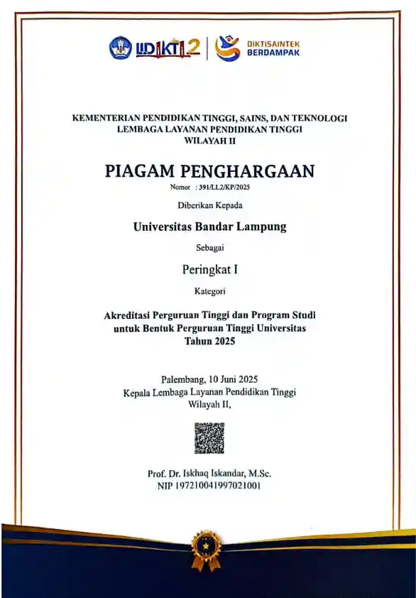 Piagam Penghargaan Peringkat I Kategori Akreditasi Perguruan Tinggi dan Program Studi Tahun 2025 dari LLDIKTI Wilayah II kepada Universitas Bandar Lampung.