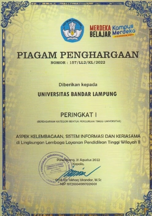 Piagam Penghargaan Nomor 157/LL2/KL/2022 Peringkat I Kategori Bentuk Perguruan Tinggi Universitas Aspek Kelembagaan, Sistem Informasi dan Kerjasama dari LLDIKTI Wilayah II kepada Universitas Bandar Lampung, disahkan di Palembang pada 31 Agustus 2022.