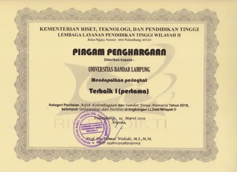Piagam Penghargaan Terbaik I (pertama) Kategori Penilaian Aspek Kelembagaan dan Sumber Daya Manusia Tahun 2019 kelompok Universitas dan Institut di lingkungan LLDikti Wilayah II kepada Universitas Bandar Lampung, disahkan di Palembang pada 19 Maret 2019.