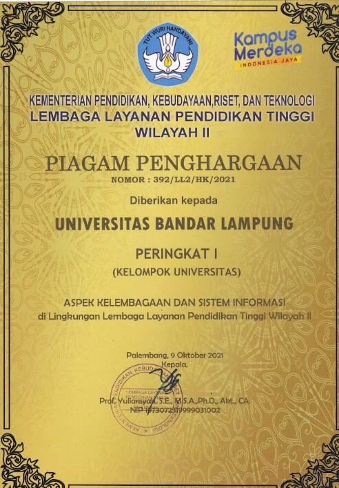 Piagam Penghargaan Nomor 392/LL2/HK/2021 Peringkat I (Kelompok Universitas) Aspek Kelembagaan dan Sistem Informasi di Lingkungan Lembaga Layanan Pendidikan Tinggi Wilayah II kepada Universitas Bandar Lampung, disahkan di Palembang pada 9 Oktober 2021.