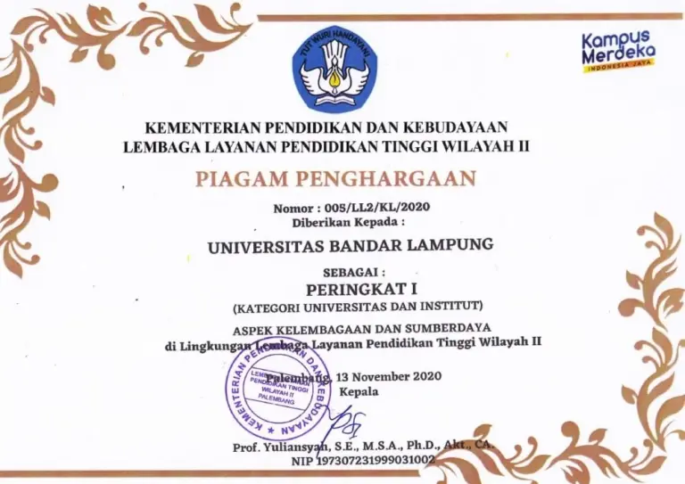 Piagam Penghargaan Nomor 005/LL2/KL/2020 Peringkat I (Kategori Universitas dan Institut) Aspek Kelembagaan dan Sumberdaya di Lingkungan Lembaga Layanan Pendidikan Tinggi Wilayah II kepada Universitas Bandar Lampung, disahkan di Palembang pada 13 November 2020.