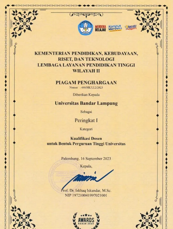 Piagam Penghargaan Peringkat I Kategori Kualifikasi Dosen untuk Bentuk Perguruan Tinggi Universitas dari LLDIKTI Wilayah II kepada Universitas Bandar Lampung, disahkan di Palembang pada 16 September 2023.