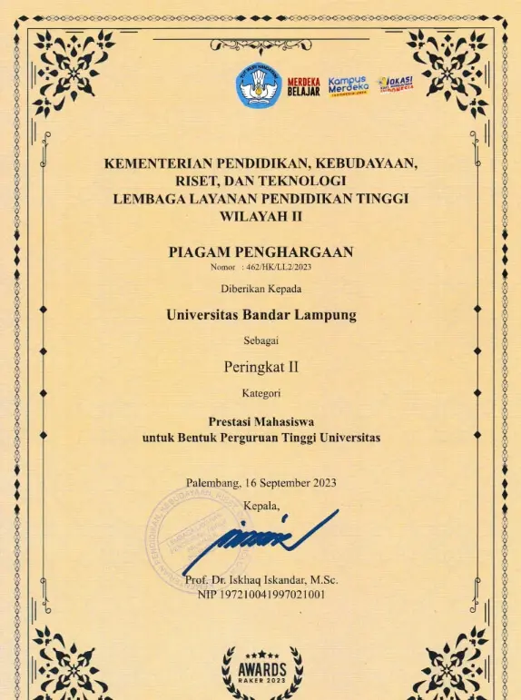 Piagam Penghargaan Peringkat II Kategori Prestasi Mahasiswa untuk Bentuk Perguruan Tinggi Universitas dari LLDIKTI Wilayah II kepada Universitas Bandar Lampung, disahkan di Palembang pada 16 September 2023.