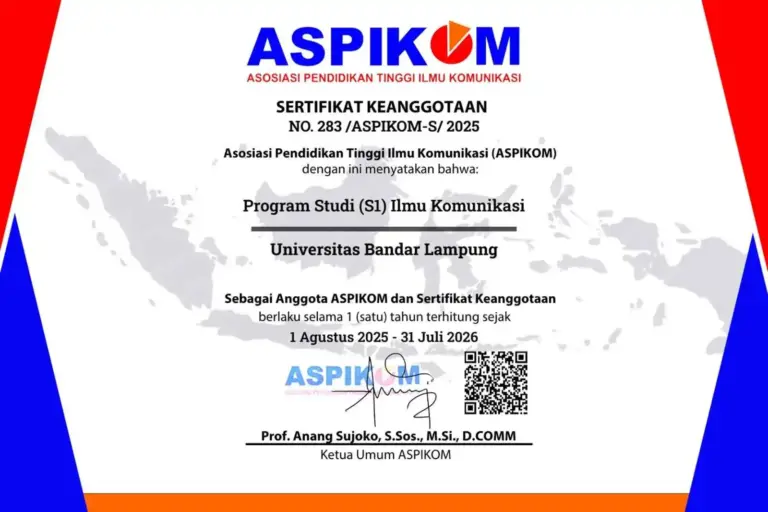 Sertifikat Keanggotaan ASPIKOM No. 283/ASPIKOM-S/2025 untuk Program Studi S1 Ilmu Komunikasi Universitas Bandar Lampung periode 2025-2026.