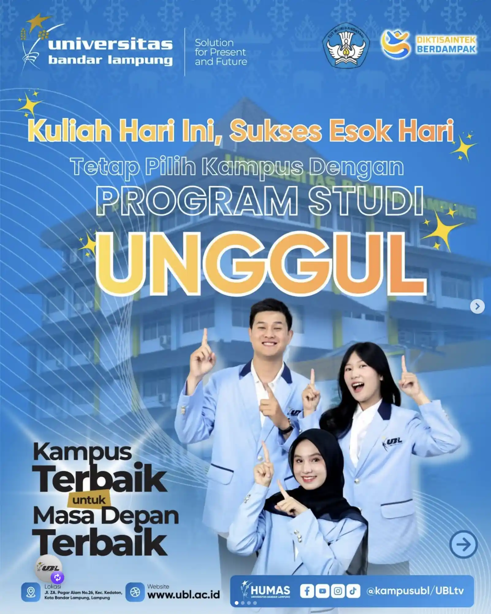 Banner promo Universitas Bandar Lampung dengan ucapan Kuliah Hari Ini, Sukses Esok Hari dan Program Studi Unggul.
